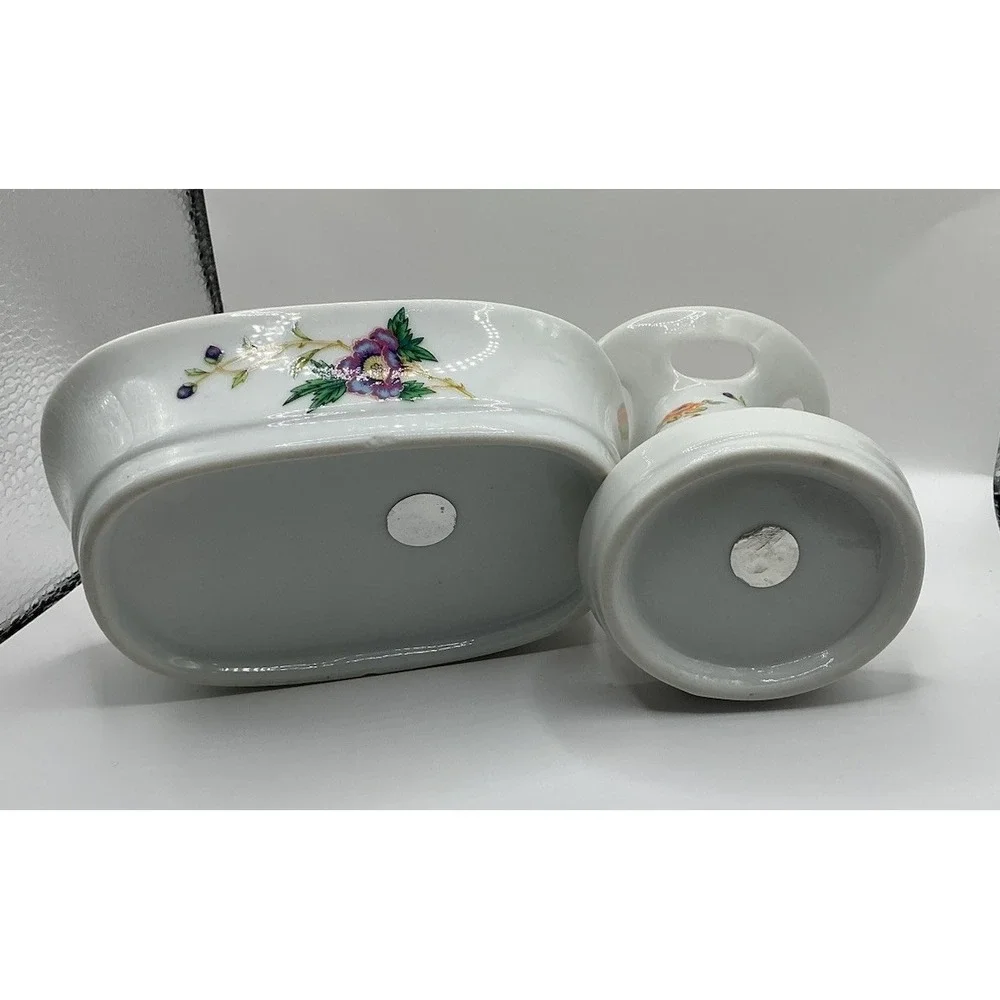 vintage Takahashi Porcelain 2 Piece Floral Soap Dish & Toothbrush Holder Japan